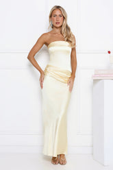 In Silk Strapless Satin Maxi Dress Yellow