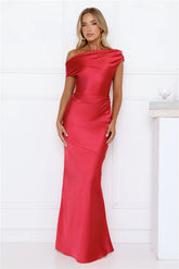 She's A Dream Satin Off Shoulder Maxi Dress Red