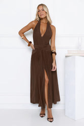 Whispered Promises Halter Mesh Maxi Dress Brown